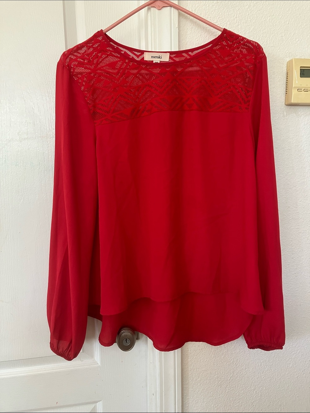 Women’s Meraki Red Long-Sleeve Lace Yoke Blouse
